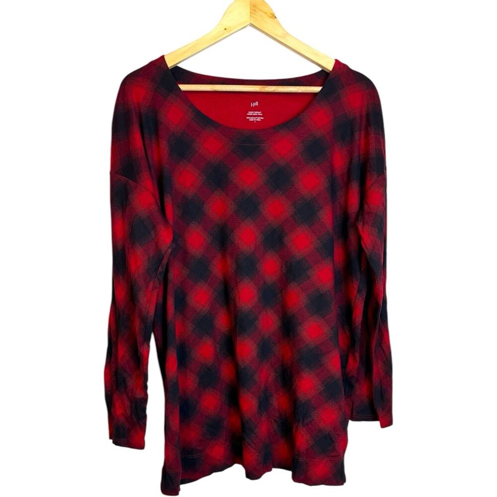 J Jill Red Black Plaid Supima Cotton Scoop Neck Tunic Blouse Long Sleeve Large